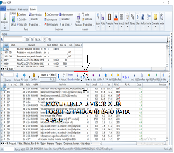 Indicación para mover la línea divisoria entre Libro de Rubros y Libro de Presupuesto en ProExcel.